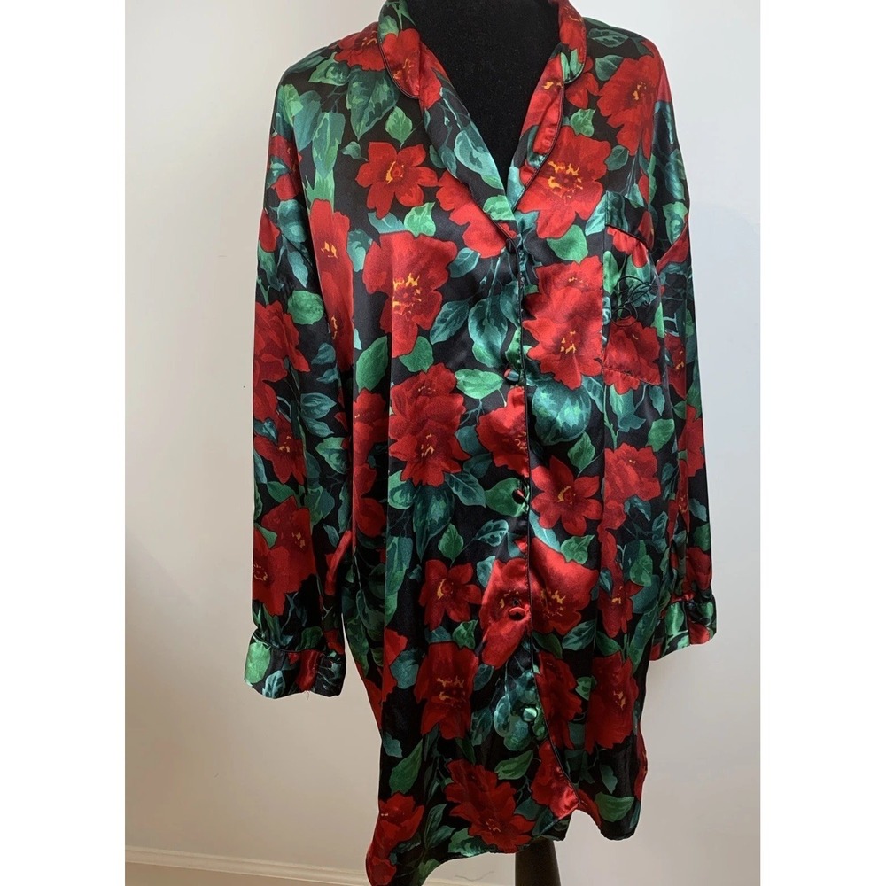 Victoria Secret Gold Label 90's‎ Sleepshirt Red And Green Floral Satin Medium